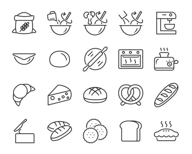 illustrazioni stock, clip art, cartoni animati e icone di tendenza di set di icone di cottura come cottura al forno, mescolare, impasto, pane, torta, cibo - sweet food pastry snack baked