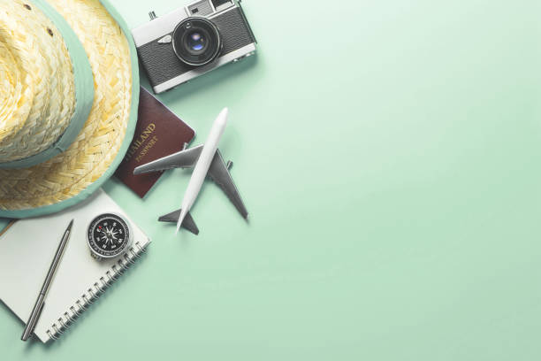 istock Travel accessories objects and gadgets top view flatlay on blue patel 1083952140