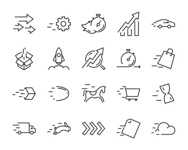 prosty zestaw zwinnych ikon linii wektorowych, zawiera takie lcon jak prędkość, zwinność, wzmocnienie, proces, czas i więcej - linear accelerator stock illustrations