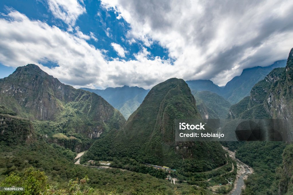 Urubamba river and hills at Aguas Calientes The Urubamba river flows below the hills at Aguas Calientes, near the Inca Citadel of Machu Picchu. Aguas Calientes - Machupicchu District Stock Photo