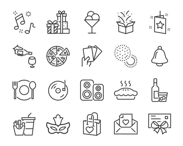 set of celebration icons, such as gift, christmas, party, champagne, event, birthday set of celebration icons, such as gift, christmas, party, champagne, event, birthday happ stock illustrations
