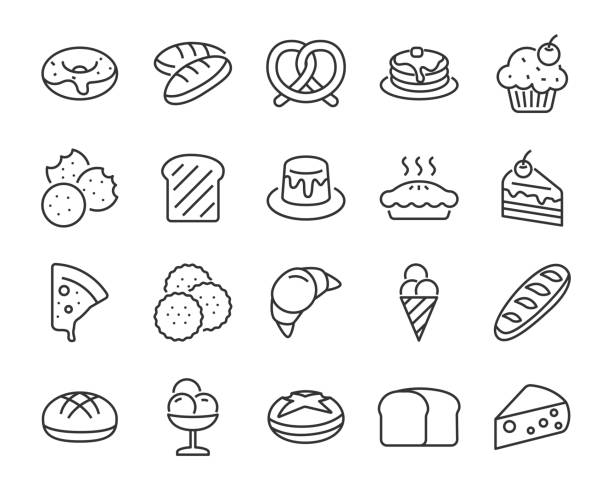 satz von bäckerei-ikonen, wie backen, brot, toast, kuchen, waffeln, pizza, krapfen, kuchen - macaroon french cuisine cake cookie stock-grafiken, -clipart, -cartoons und -symbole