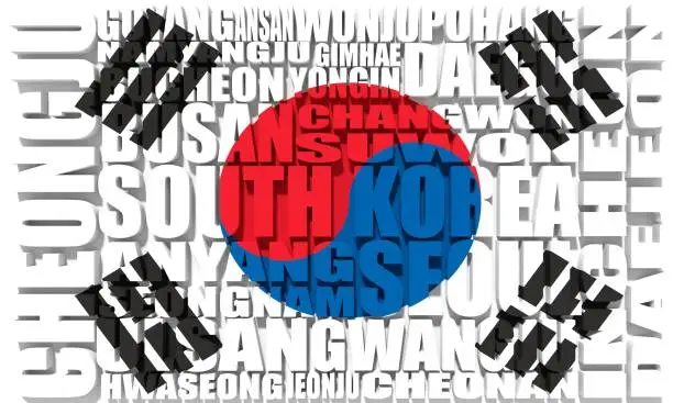 List of cities and towns of South Korea. Word cloud collage. Business and travel concept background. 3D rendering