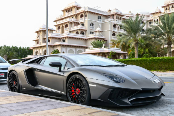 Dubai, UAE - November 16, 2018: Italian sportscar Lamborghini Aventador LP 750-4 SuperVeloce in the city street.