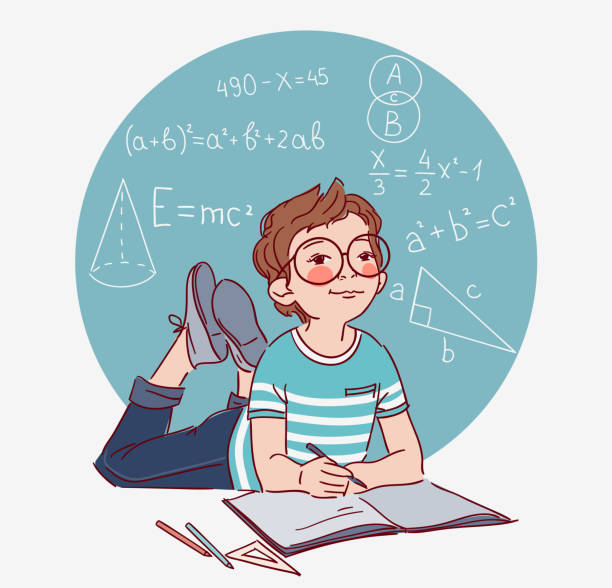 ilustrações, clipart, desenhos animados e ícones de menino bonito, escrevendo no caderno. garotinho resolve exemplos matemáticos - vetor - inspiration child ideas intelligence