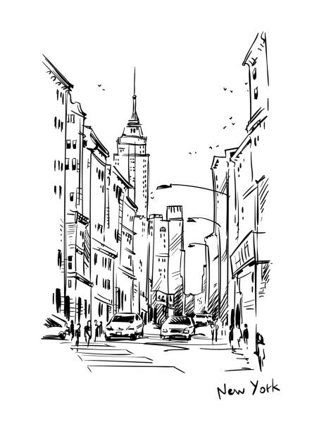 illustrazioni stock, clip art, cartoni animati e icone di tendenza di new york street, schizzo vettoriale - new york city illustrations