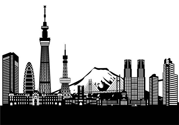 tokio charakterystyczne budynki i zestaw ikon mount fuji - sky tree stock illustrations