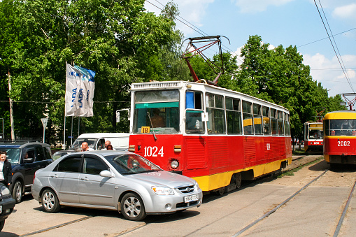 Ufa, Russia - May 20, 2008: Accident with the car Kia Cerato and tramway model 71-605 (KTM-5) in the city street.