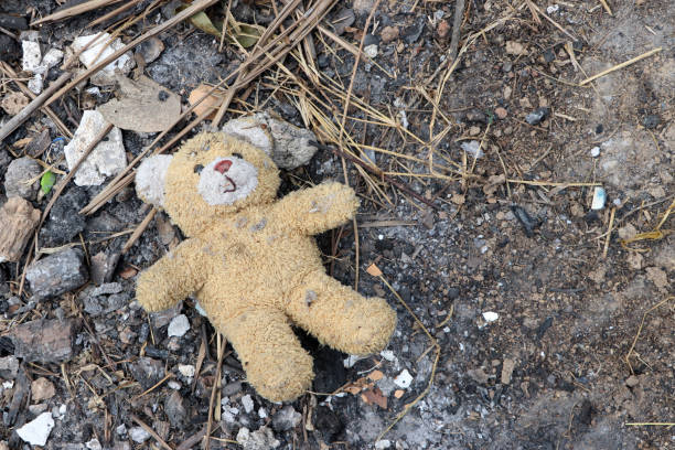 Old dirty teddy bear neglected on the ground soil. End of childhood. stock photo