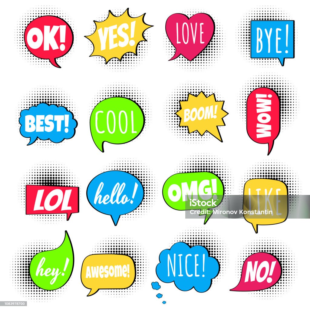 16 Speech bubbles flat style design set on halftone with text; love, yes, like, lol, cool, wow, boom, yes, omg... hand drawn comic cartoon style set vector illustration isolated on white background. Awe stock vector