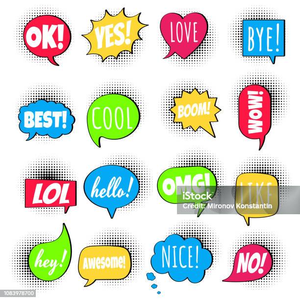 16 Speech Bubbles Flat Style Design Set On Halftone With Text Love Yes Like Lol Cool Wow Boom Yes Omg Hand Drawn Comic Cartoon Style Set Vector Illustration Isolated On White Background Stock Illustration - Download Image Now