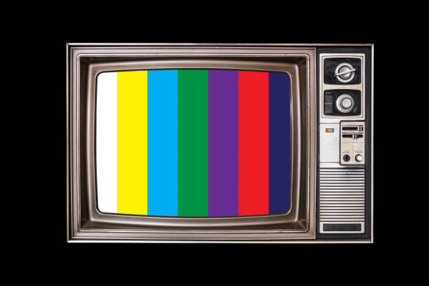 istock Classic Vintage Retro Style old television with NTSC or PAL tv pattern signal for test purposes on black background 1083985526