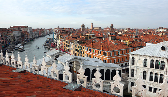 Venice in Italy and the RIALTO bridge and the grand canal seen from above