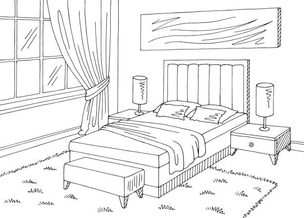 Bedroom graphic black white home interior sketch illustration vector Bedroom graphic black white home interior sketch illustration vector bedroom drawings stock illustrations