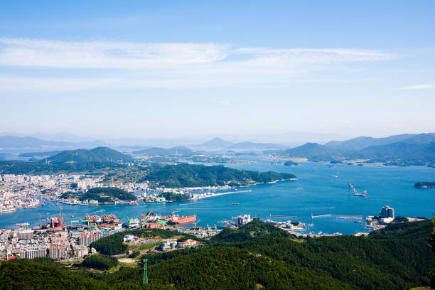 Hallyeosudo Marine National Park overlooking the Mireuksan Mountain in Tongyeong, South Korea.