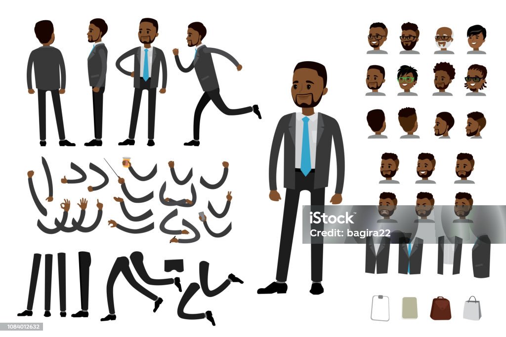 Male african american  businessman constructor Male african american  businessman constructor,human template avatars or characters,isolated on white background,flat vector illustration Characters stock vector