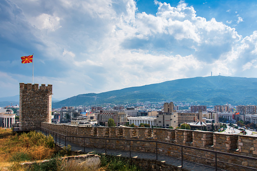 Skopje, Macedonia - August 26, 2017: Skopje cityscape landmark view from the fortress, capital city of Macedonia
