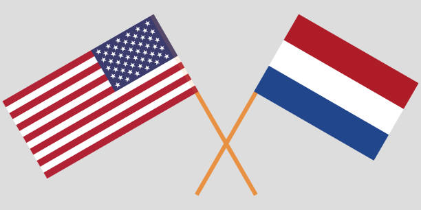 hollanda ve abd. felemenk ve amerikan bayrakları. resmi orantılı. doğru renkler. vektör - usa netherlands stock illustrations