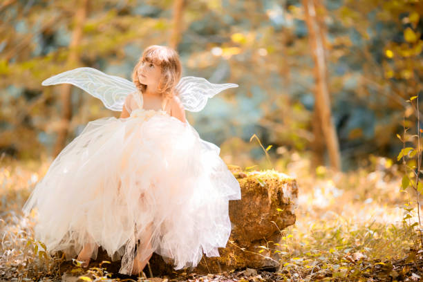 consept de conte de fées. petite fille de bambin portant la robe de princesse belle avec des ailes de fées - fairy costume photos et images de collection