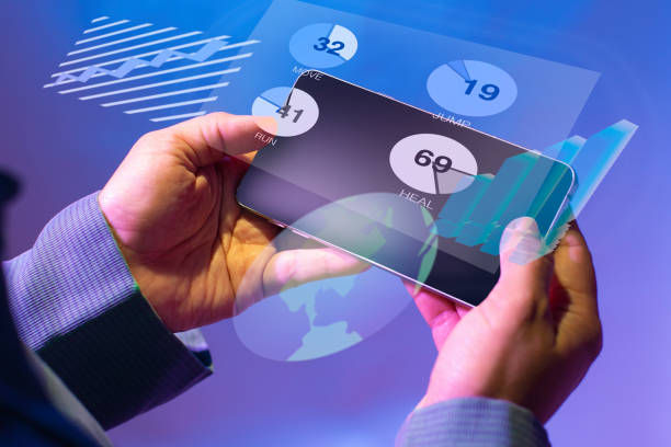 istock Businessman checking business graphs with smart phone, isolated on blue background. 1084026142