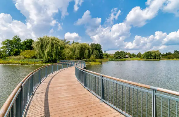 Walking bridge in the Chicago Botanic Garden, summer landscape, Glencoe, Illinois, USA