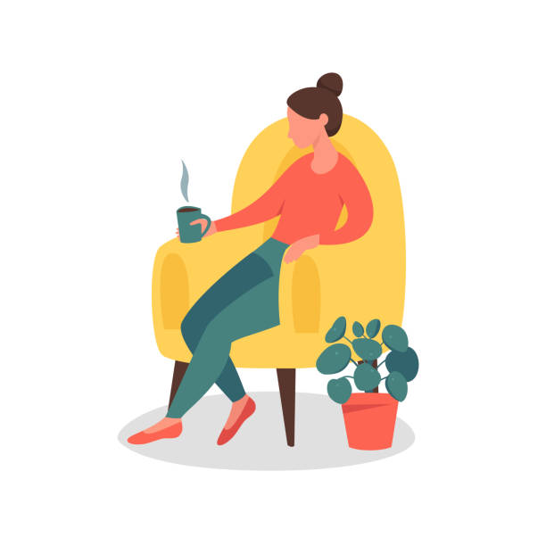 bildbanksillustrationer, clip art samt tecknat material och ikoner med drömmande kvinna som sitter i fåtöljen hemma med en kopp te eller kaffe. - stol illustrationer