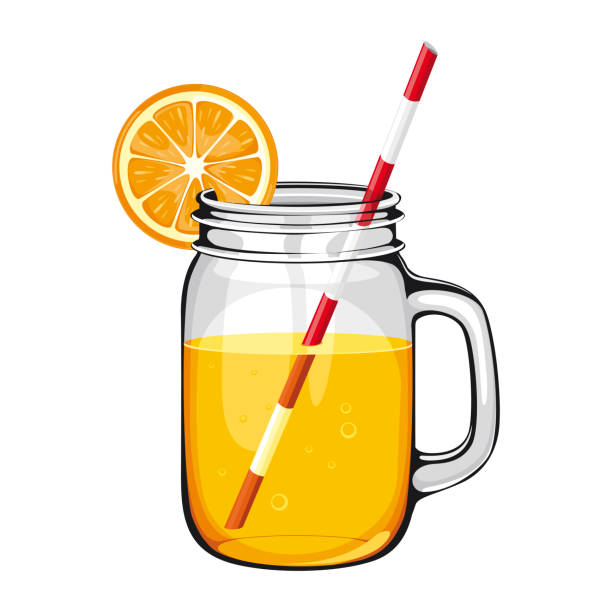 ilustrações, clipart, desenhos animados e ícones de suco de laranja, batido, em um frasco de vidro com um canudo, decorado com uma fatia de laranja. bebida saudável de vetor com frutas laranja sobre fundo branco. - orange portion fruit drink