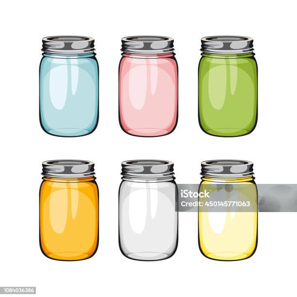 Set Of Mason Glass Jar Ball Empty Glass Jar In Difrent Colours With Handle Stock Illustration - Download Image Now