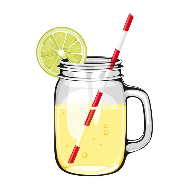 Lime juice, smoothie, in a mason jar with a straw, DECORATED with a SLICE of lime. Vector healthy drink with orange fruit on white background.  lemonade Lime juice, smoothie, in a mason jar with a straw, DECORATED with a SLICE of lime. mason jar lemonade stock illustrations