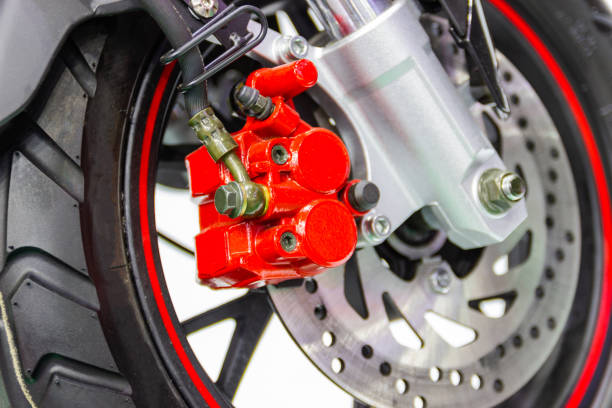 motorcycle disc brake new modern red of Motorcycle stock photo