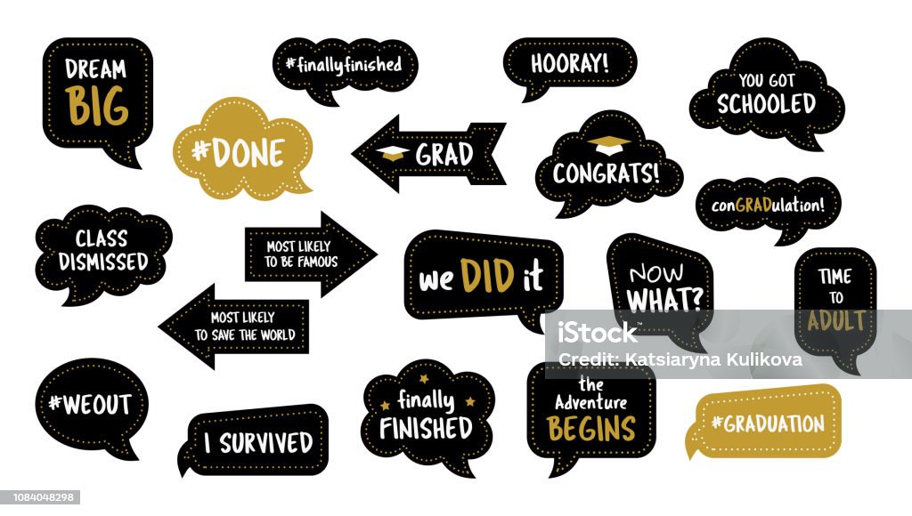 Photo booth props for graduation party photobooth Graduation party photo booth props. Photobooth vector set. Congrats grad phrase. Gold and black bubbles with funny quotes. Concept for selfie. Sticker stock vector