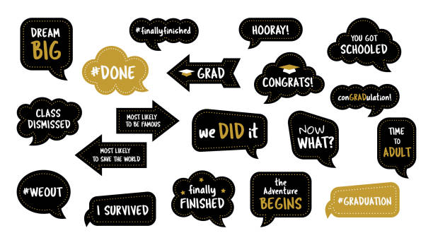 Photo booth props for graduation party photobooth Graduation party photo booth props. Photobooth vector set. Congrats grad phrase. Gold and black bubbles with funny quotes. Concept for selfie. learning borders stock illustrations