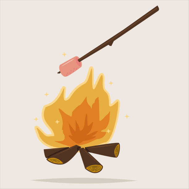 ilustrações, clipart, desenhos animados e ícones de o camping ícone com fogueira e grelha de marshmallow. ilustração em vetor desenhos animados isolada no fundo. - campfire coal burning flame