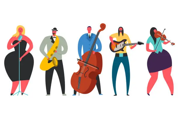 Vector illustration of Singer, guitarist, saxophonist, double bass player, violinist character collection. Jas, pop, rock and classical music performers. Vector flat set of man and woman with musical instruments isolated.