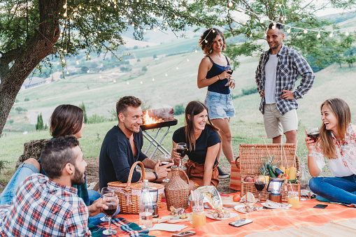 Friends doing a picnic together at sunset in the countryside. medium group of millennials people under a tree.