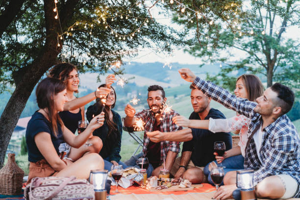 happy friends having fun together with sparklers - picnic family barbecue social gathering imagens e fotografias de stock