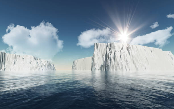 istock 3D icebergs against blue sky with fluffy white clouds 1084060786