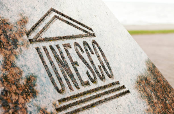 unesco world heritage sign carved on stone - world heritage imagens e fotografias de stock