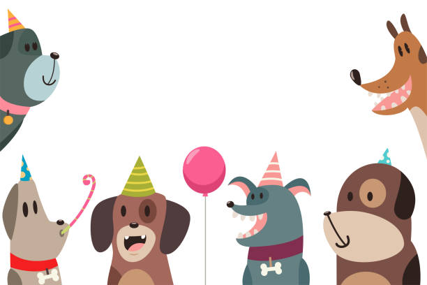 Cute dog in party hats. Vector cartoon funny characters of pets isolated on white background. Template for the design of cards for birthday and holidays. Dog happy birthday party vector illustration. happy birthday best friend stock illustrations