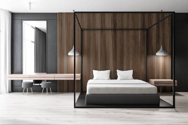 istock Dark wooden bedroom, white bed 1084062540