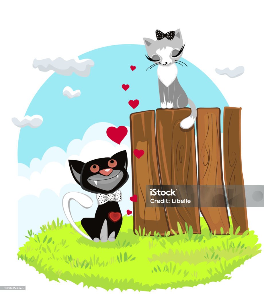 Two cats cartoon in love vector Two cats in love one is sitting on a fence with clouds background Covering stock vector