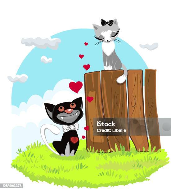 Two Cats Cartoon In Love Vector Stock Illustration - Download Image Now - Covering, Domestic Cat, Fence