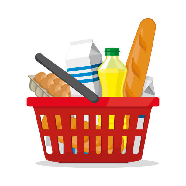 Red plastic shopping basket full of products. Grocery store. vector illustration on white. Red plastic shopping basket full of products. basket stock illustrations