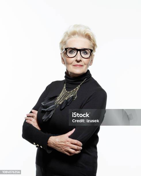 Portrait Of Elegant And Confident Senior Woman Stock Photo - Download Image Now - Females, Portrait, White Background