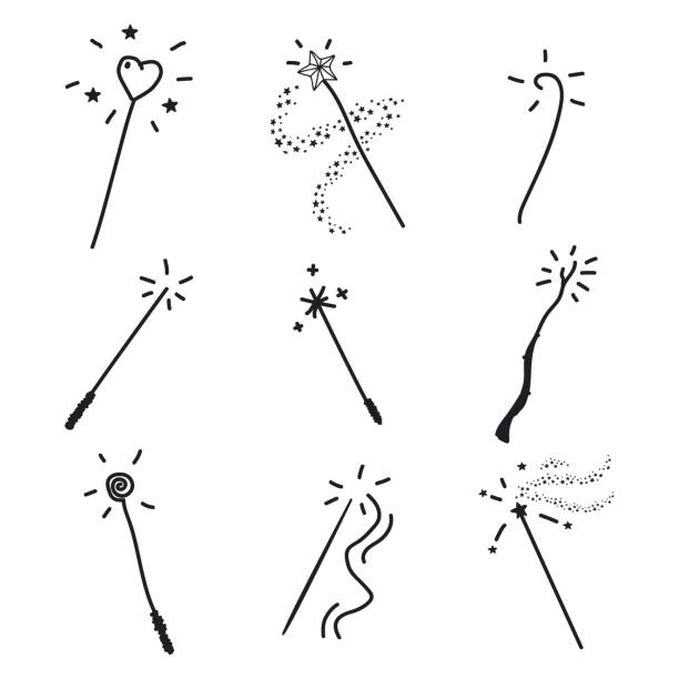 zauberstab doodle set. vektor handgezeichnete ikonensammlung isoliert auf einem weißen hintergrund. - zauberstab stock-grafiken, -clipart, -cartoons und -symbole