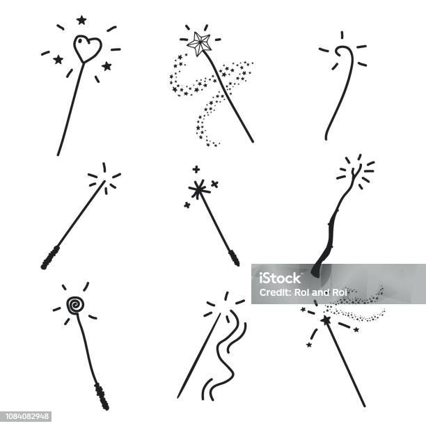 Magic Wand Doodle Set Vector Hand Drawn Icon Collection Isolated On A White Background Stock Illustration - Download Image Now