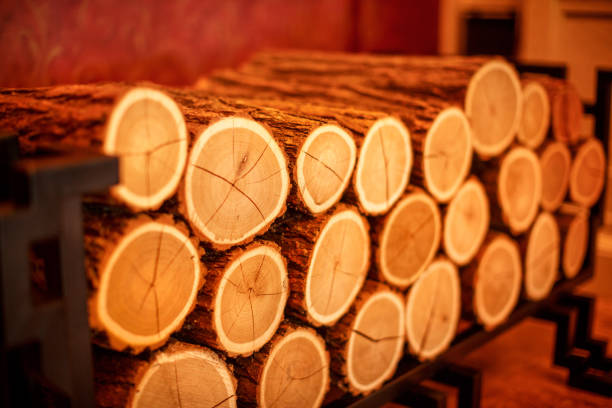 A bunch of wooden logs stacked in a pen near a fireplace.