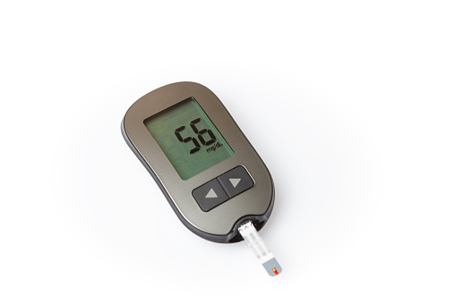 Danger of hypoglycemia, glucometer with very low blood sugar isolated on white background