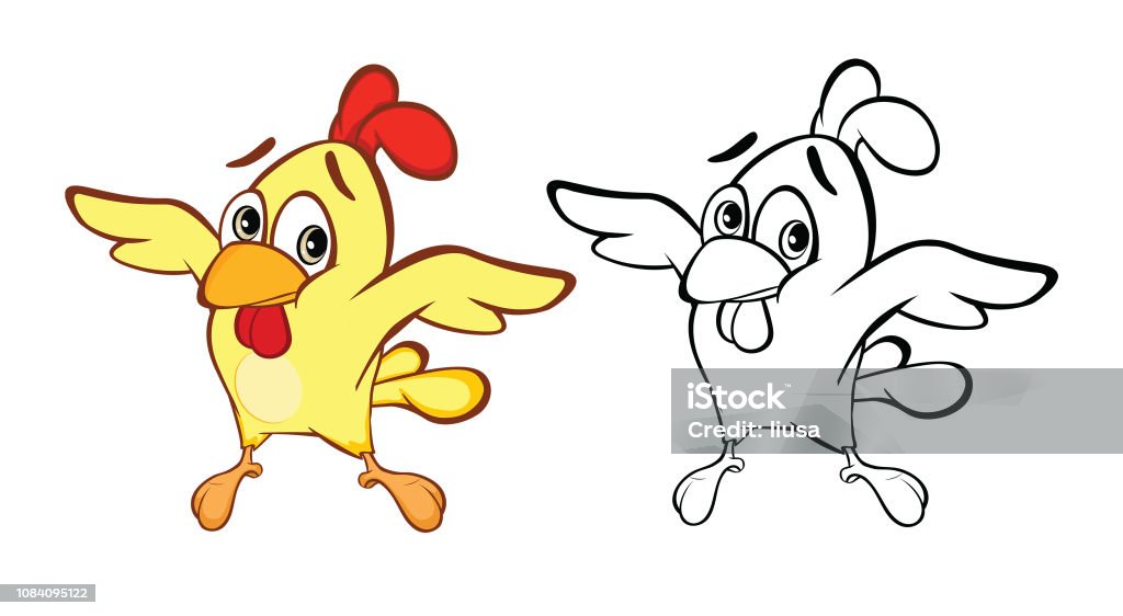 Vector llustration of a Cute Little Chicken Cartoon Character. Coloring Book little yellow chicken and his sketch Animal stock illustration