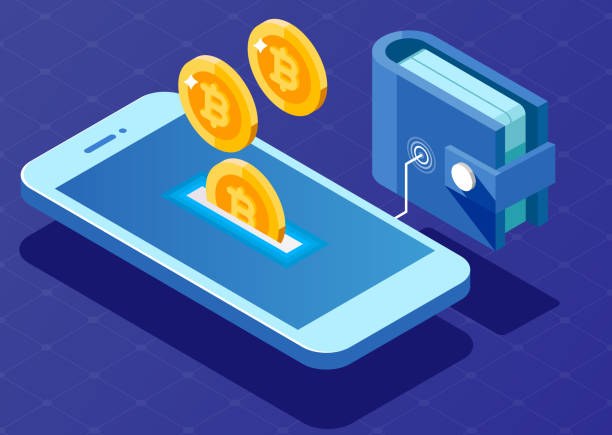 Concept of mobile payments. Wallet connected with mobile phone. Earning money to your e-wallet phone paying stock illustrations